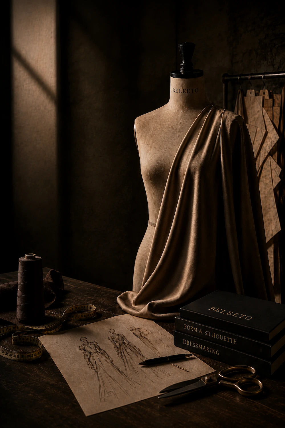 BELEETO design process featuring draped fabric, atelier sketches, and editorial craftsmanship details